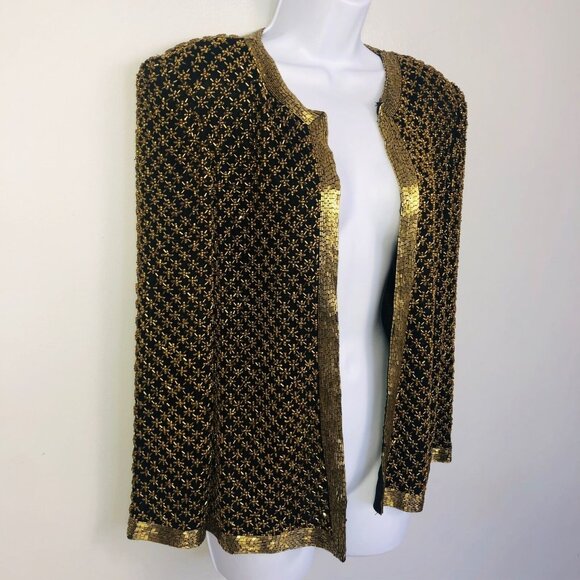 Vintage 90s Womens S Jacket Black Gold Open Front Beaded Silk Heavy - Picture 5 of 9